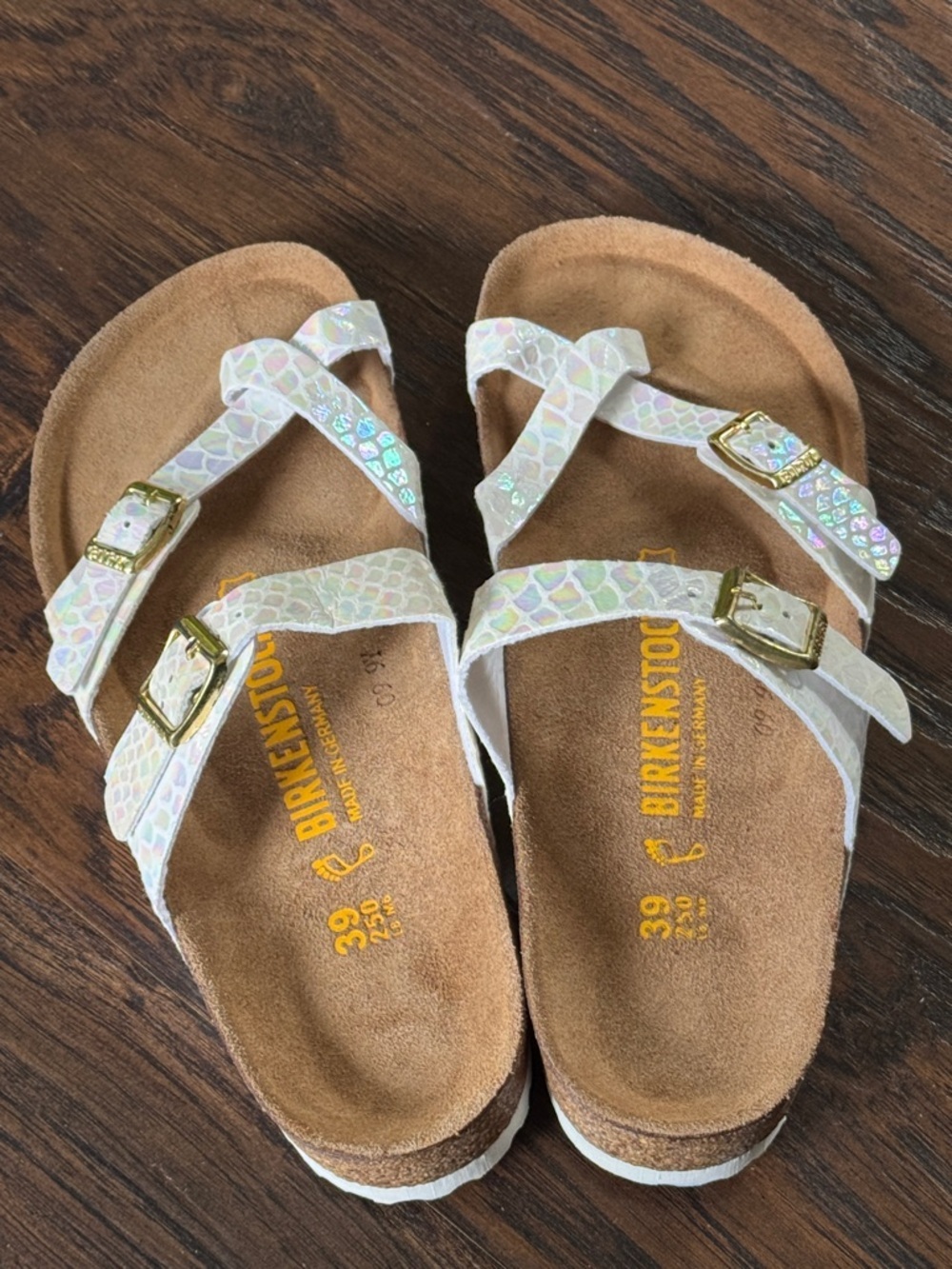 Birkenstock Iridescent White Multi-Print Sandals with Gold Buckles, Like New - Picture 4 of 14